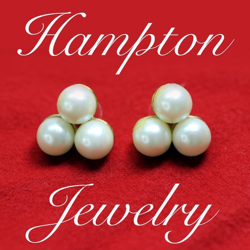 Pearl Earrings ~ Elegant Pierced Vintage Triple 8mm Cream Pearls in Gold Setting
